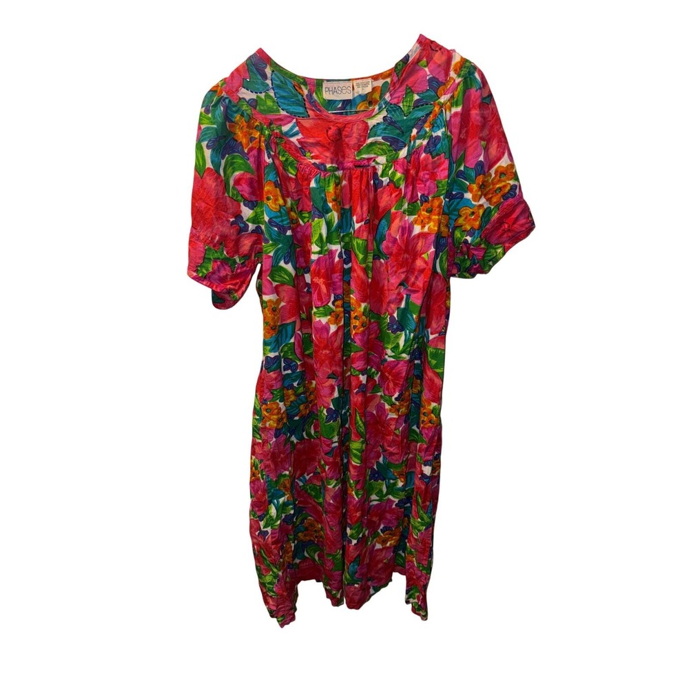 Vintage 90s PHASES Floral Appliqué Cotton Dress Made in Nepal Size L